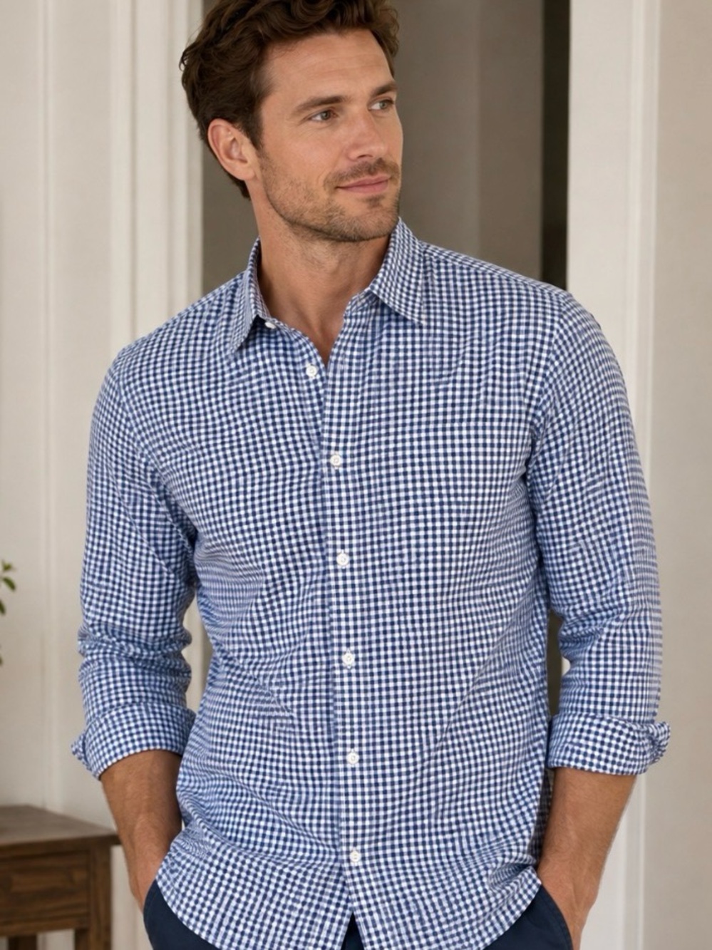 L.L. Bean Blue and White Gingham Button-Down Shirt